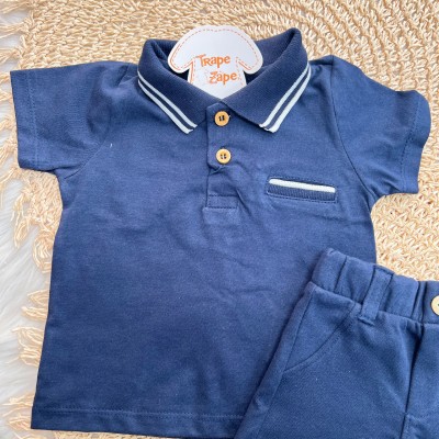 Conj. Camiseta Gola Polo Listrada e Bermuda em Moletinho - Marinho